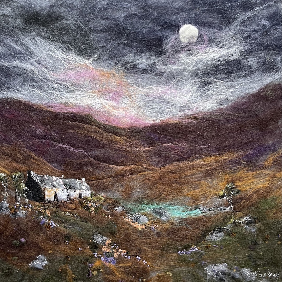 Moy Mackay, Highland Delight, 2023. 60cm x 56cm (24" x 22"). Felt, stitch. Merino fibres, thread.