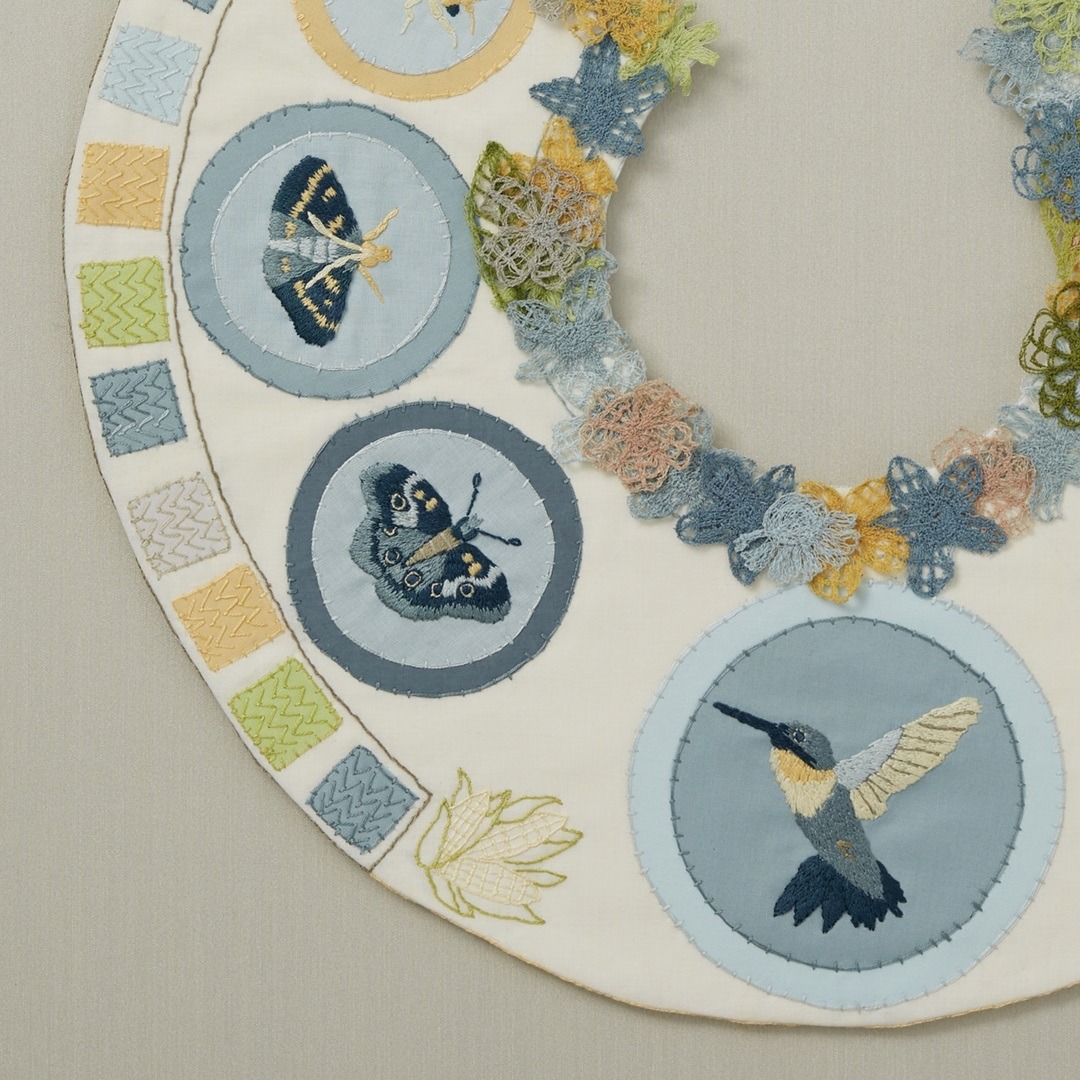 Lindsay Olson, Dixon Waterfowl Refuge (detail), 2023. 25cm x 25cm (10" x 10"). Embroidery, appliqué. Cotton thread, cotton fabrics. Photo: Cindy Trim.
