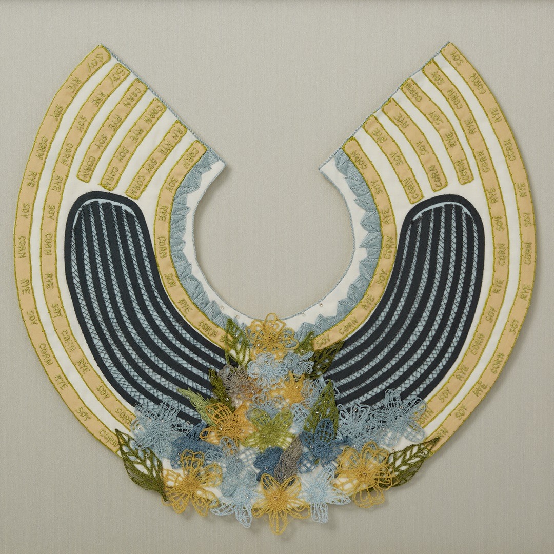 Lindsay Olson, Smart Wetland, 2023. 25cm x 25cm (10" x 10"). Embroidery, appliqué. Cotton thread, cotton fabrics. Photo: Cindy Trim.