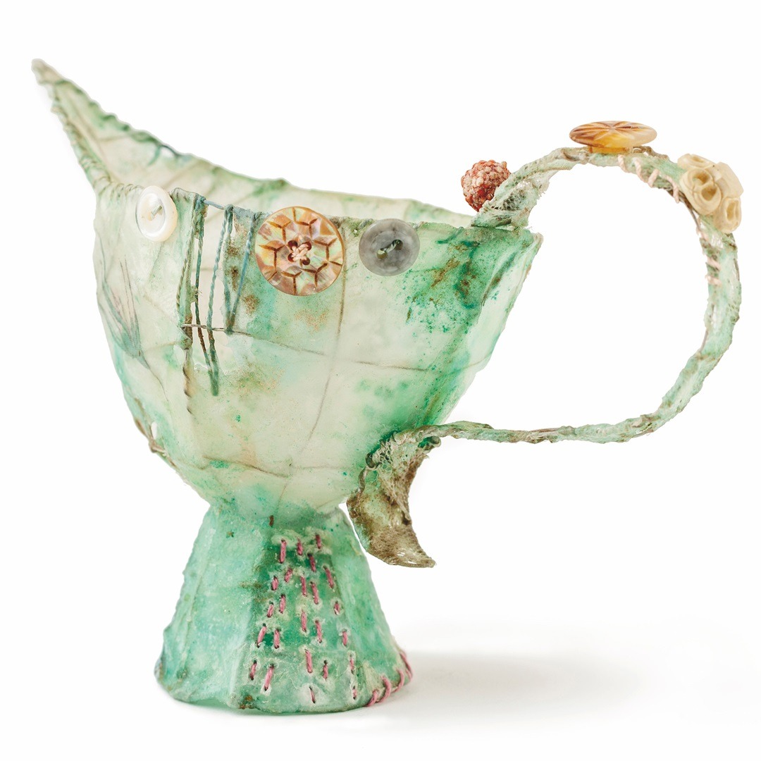 Priscilla Edwards, Cream Jug, 2010. 13cm x 16cm (5" x 6"). Hand stitch, hand manipulated wire. Wire, silk, wax, rayon thread, paint, buttons, found materials. Photo: Mark Davis.