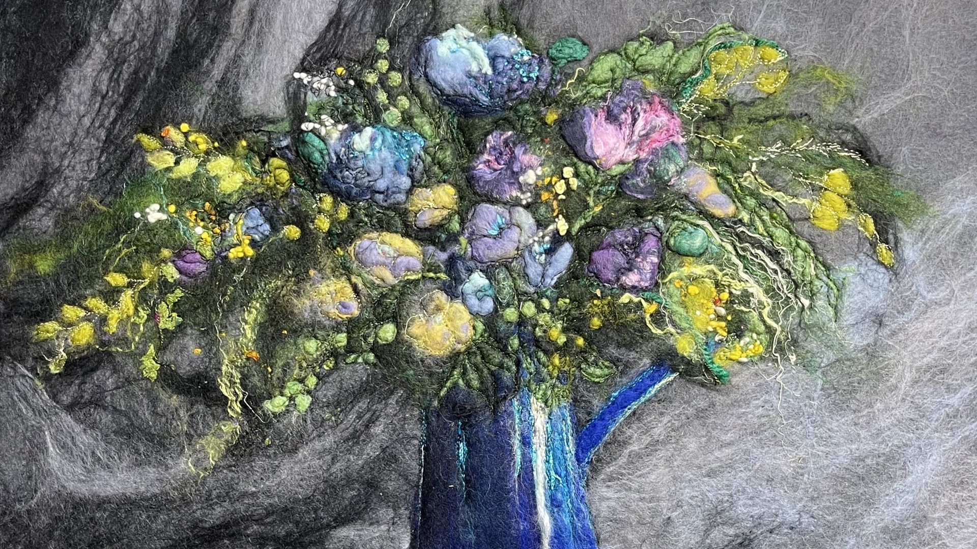 Moy Mackay, The Blue Jug, 2018. 24cm x 36cm (10" x 14"). Felt, stitch. Merino fibres, thread.