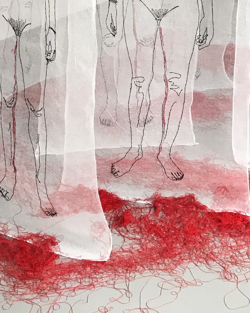 Ewa Cieniak, Synchronicity (detail), 2022. Series of 10 silhouettes, each 3m x 3m x 3m (10ft x 10ft x 10ft). Hand embroidery. Gauze, cotton thread.