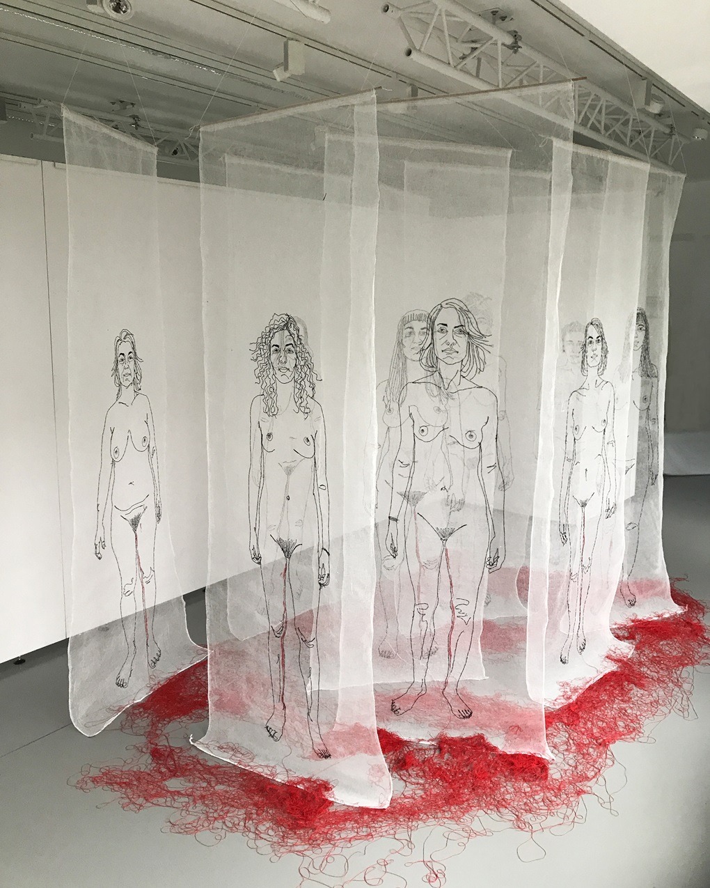 Ewa Cieniak, Synchronicity, 2022. Series of 10 silhouettes, each 3m x 3m x 3m (10ft x 10ft x 10ft). Hand embroidery. Gauze, cotton thread.