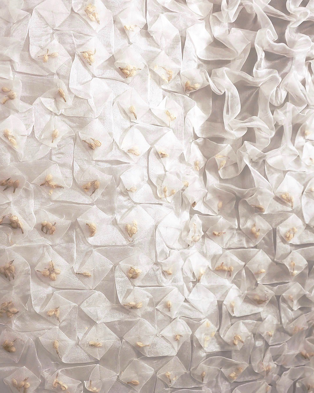 Pallavi Padukone, Jasmine II (detail), 2019. 104cm x 112cm (41" x 44"). Embroidery. Silk organza, jasmine buds. Photo credit: Olivia Koval.