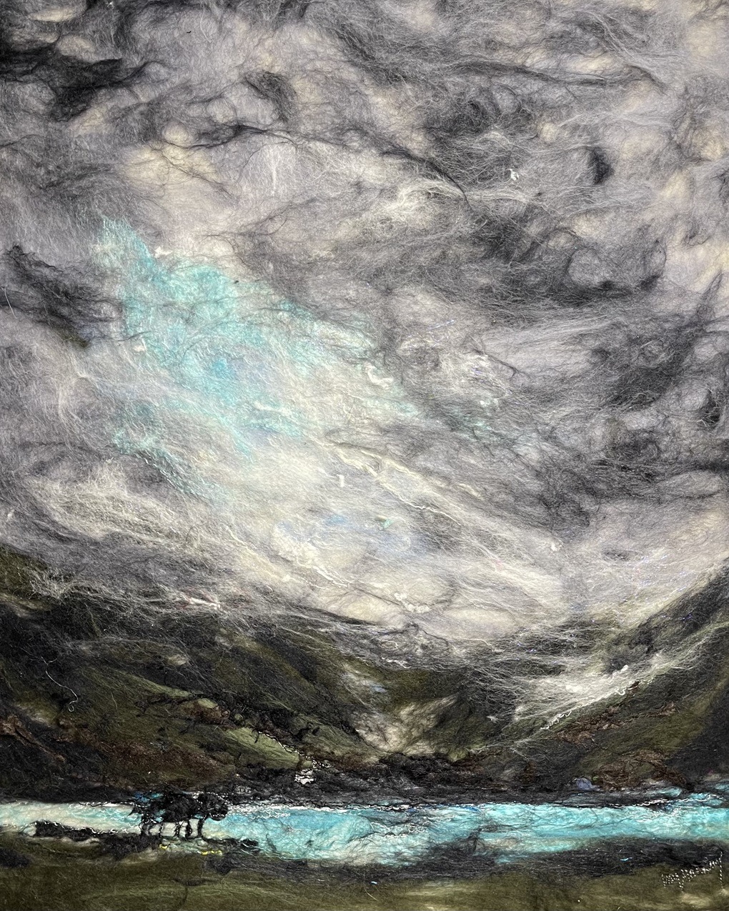 Moy Mackay, Loch Of The Lowes, 2021. 28cm x 22cm (11" x 9"). Felt, stitch. Merino fibres, thread.