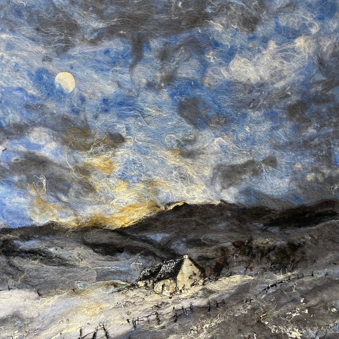 Moy Mackay, Glen Winter, 2021. 74cm x 74cm (29" x 29"). Felt, stitch. Merino fibres, thread.