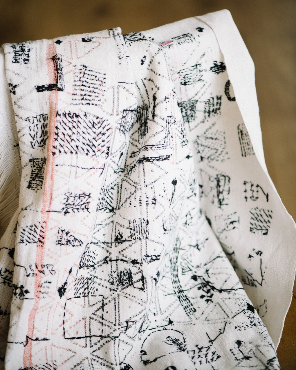 Kate Whitehead, Father, 365 Days (back of piece) – Honesty is the Best Policy Series, 2019. 19cm x 85cm (7½" x 33½"). Vintage French curtain, printed on back with black and pink screen printing ink, salvaged black, pink and gold silk thread. Print and hand embroidery. Photo: Sarah Mason Photography.