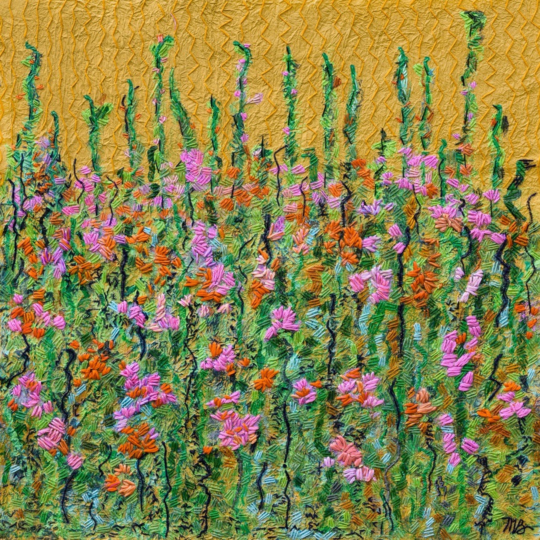 Mary Beth Schwartzenberger, Gladiolas, 2020. 63cm x 63cm (25" x 25"). Painting, embroidery. Kyoseishi paper, acrylic paint, DMC stranded embroidery cotton. Photo: Zarek Dietz.