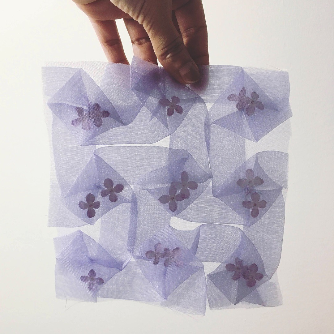 Pallavi Padukone, Lilacs (swatch), 2021. Embroidery. Silk organza, lilacs.