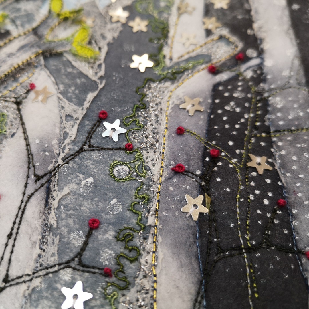 Angie Hughes, Into the Woods (detail), 2023. 25cm x 15cm (10" x 6"). Machine and hand stitch.
Pelmet interfacing, Lutradur, sequins, beads, organza.