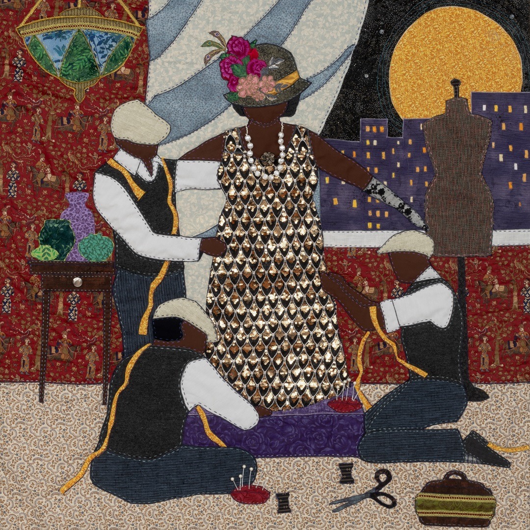 Stephen Towns, Dressing Up, from the Declaration & Resistance collection, 2021. 137cm x 152cm (54" x 60"). Quilting. Natural and synthetic fabric, polyester and cotton thread, crystal glass beads, buttons.