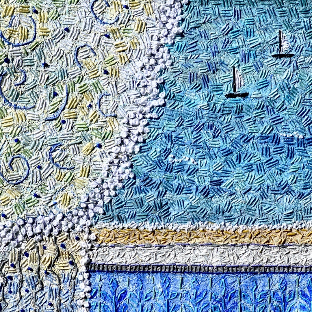 Mary Beth Schwartzenberger, Room with a View (detail), 2021. 63cm x 63cm (25" x 25"). Painting and embroidery. Kyoseishi paper, acrylic paint, DMC stranded embroidery cotton. Photo: Zarek Dietz.