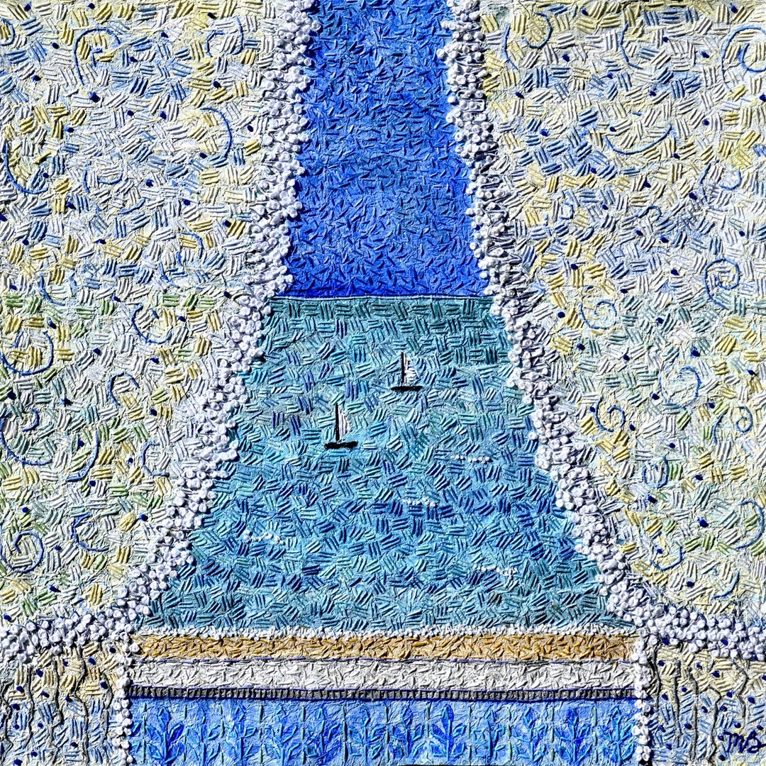 Mary Beth Schwartzenberger, Room with a View, 2021. 63cm x 63cm (25" x 25"). Painting and embroidery. Kyoseishi paper, acrylic paint, DMC stranded embroidery cotton. Photo: Zarek Dietz.
