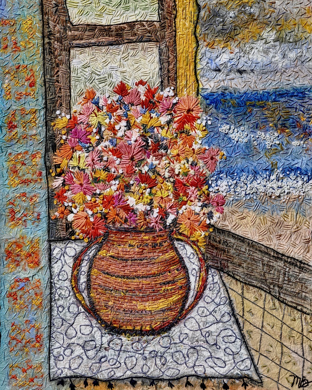 Mary Beth Schwartzenberger, Seaside, 2021. 45cm x 63cm (18" x 25"). Painting, embroidery. Kyoseishi paper, acrylic paint, DMC stranded embroidery cotton. Photo: Zarek Dietz.