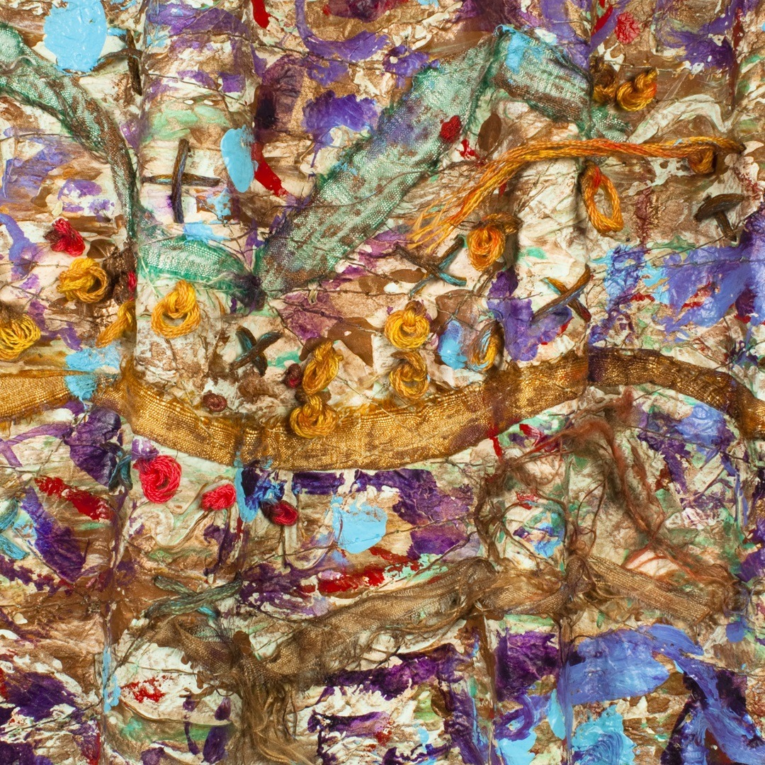 Mary Beth Schwartzenberger, Ebb and Flow (detail), 2011. 55cm x 20cm (22" x 8"). Painting, embroidery, machine sewing, collage, folding. Kyoseishi paper, acrylic paint, Lumiere metallic paint, silk fabric, DMC stranded embroidery cotton. Photo: Scott Setterberg.