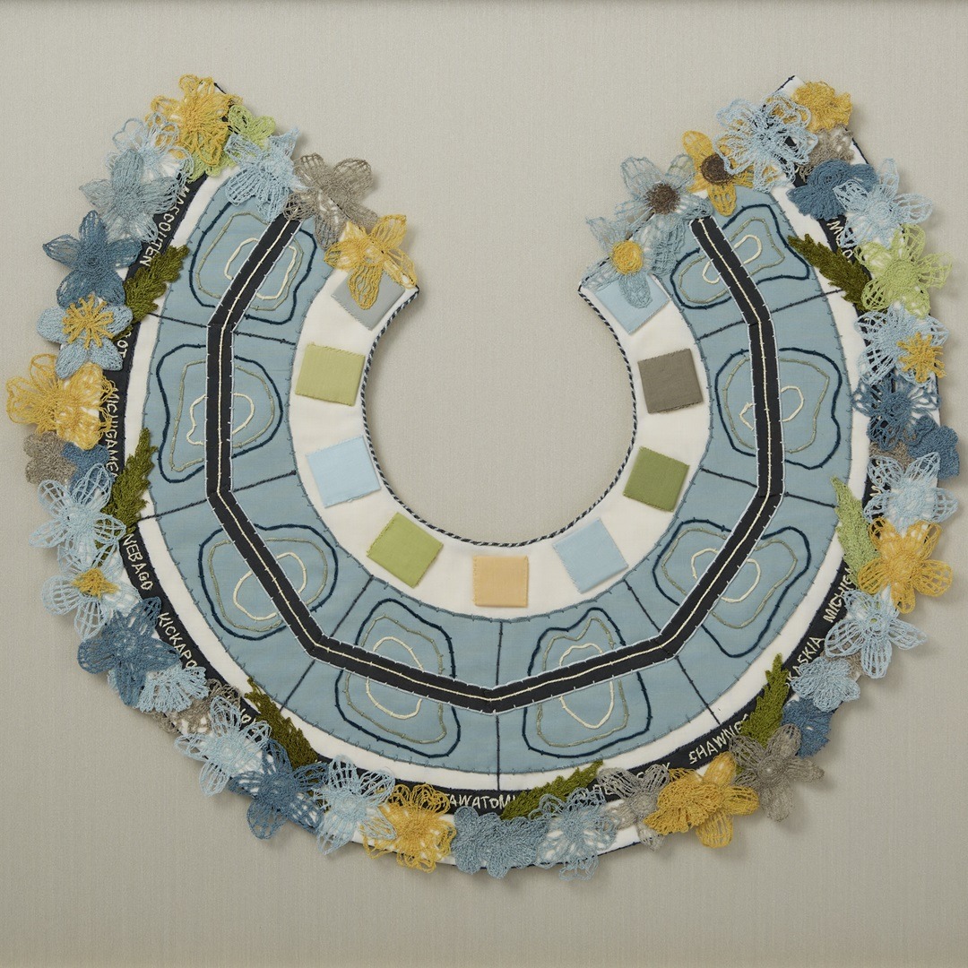 Lindsay Olson, Calumet Region III, 2023. 25cm x 25cm (10" x 10"). Embroidery, appliqué. Cotton thread, cotton fabrics. Photo: Cindy Trim.