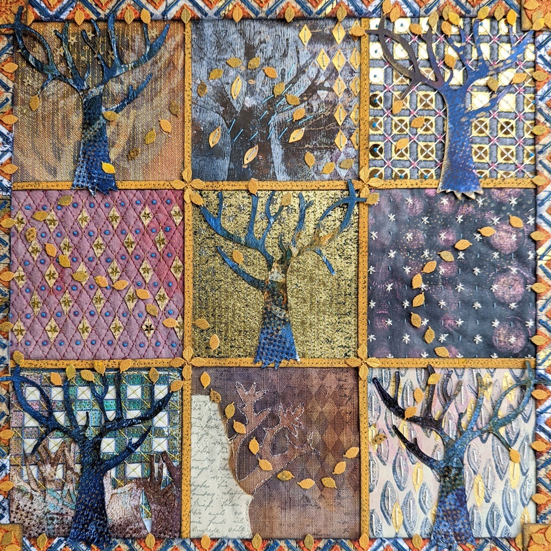 Angie Hughes, Scattered Leaves, 2022. 60cm x 60cm (24" x 24"). Block print, rubber stamping, paper punch, collage, hand and machine stitch. Paper, linen, pelmet interfacing.