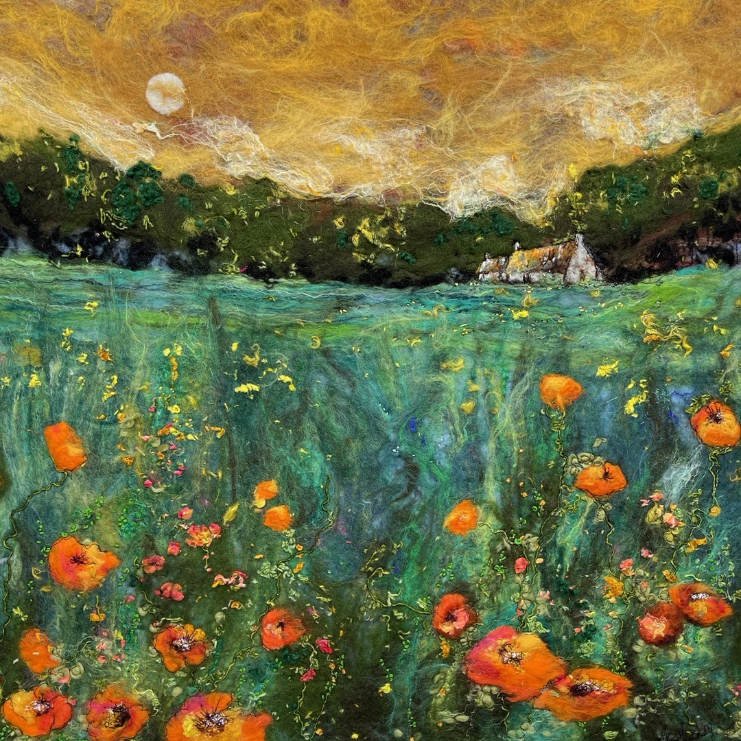 Moy Mackay, Ochre Glen, 2022. 80cm x 88cm (32" x 35"). Felt, stitch. Merino fibres, thread.