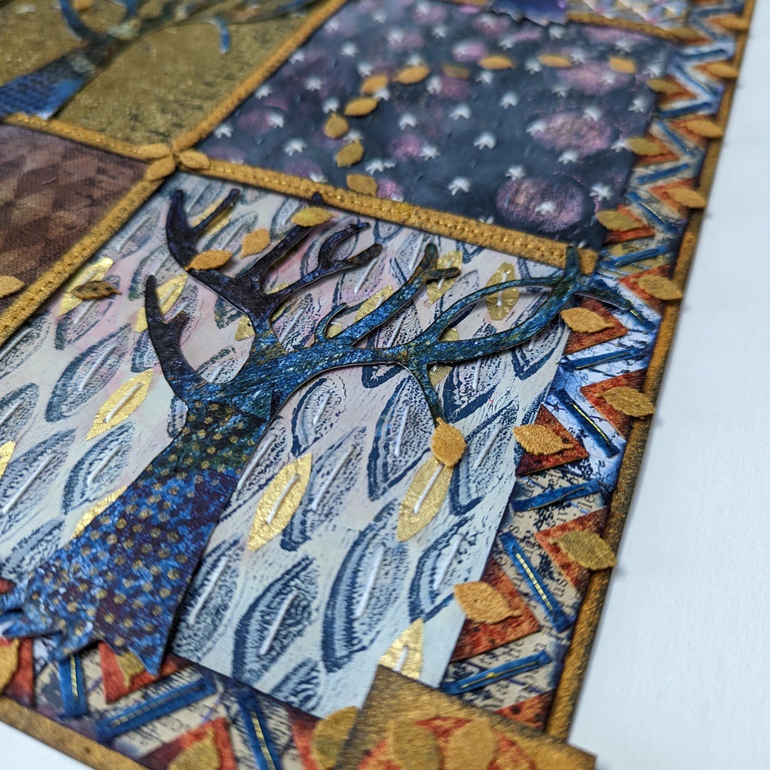 Angie Hughes, Scattered Leaves (detail), 2022. 60cm x 60cm (24" x 24"). Block print, rubber stamping, paper punch, collage, hand and machine stitch. Paper, linen, pelmet interfacing.