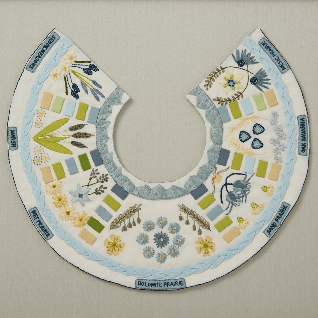 Lindsay Olson, Midewin Tallgrass Prairie, 2023. 25cm x 25cm (10" x 10"). Embroidery, appliqué. Cotton thread, cotton fabrics.
