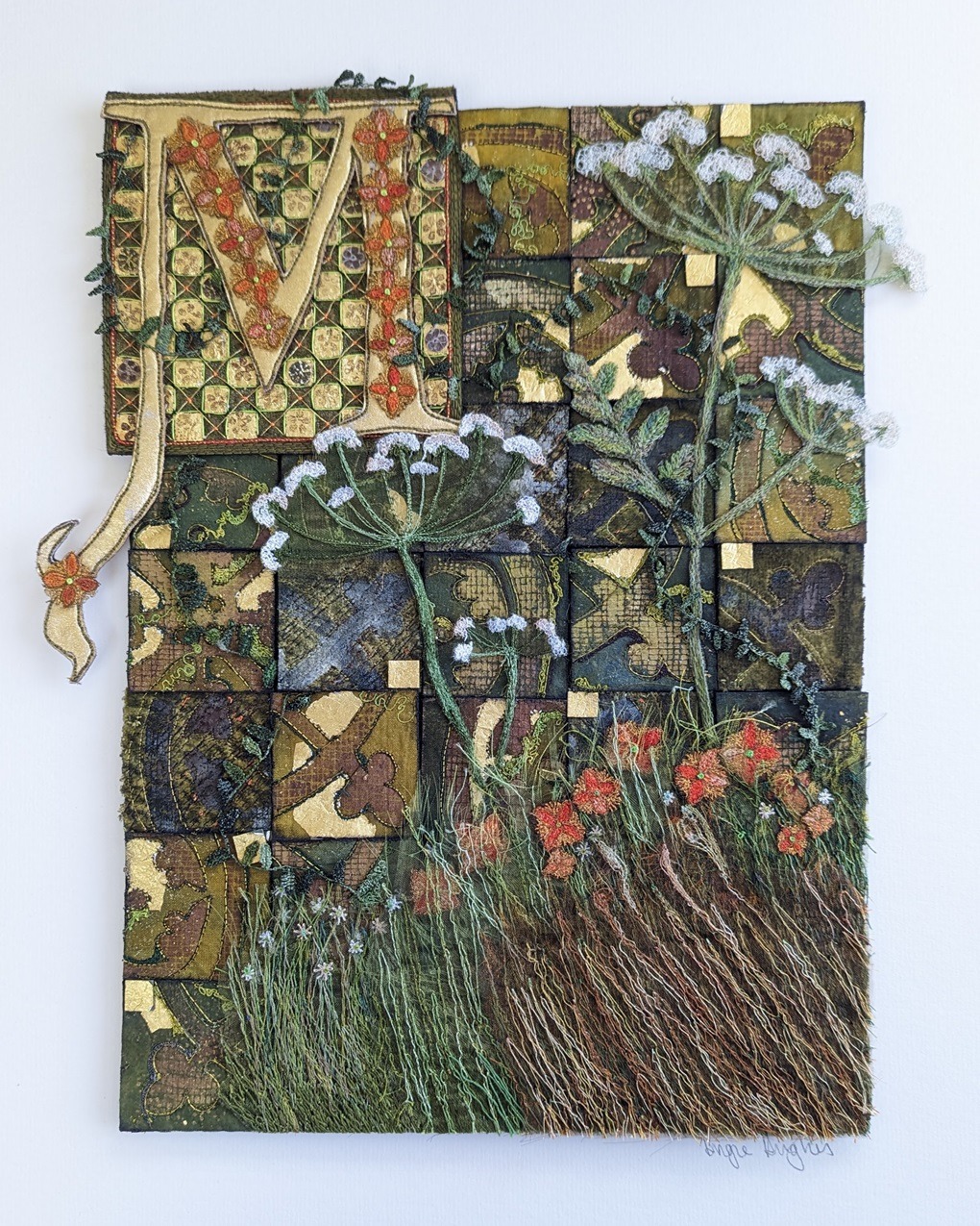Angie Hughes, Monastery, 2023. 35cm x 25cm (15" x 10"). Stencilling, foil transfer, machine and hand stitch. Cotton, pelmet interfacing, soluble film, organza.