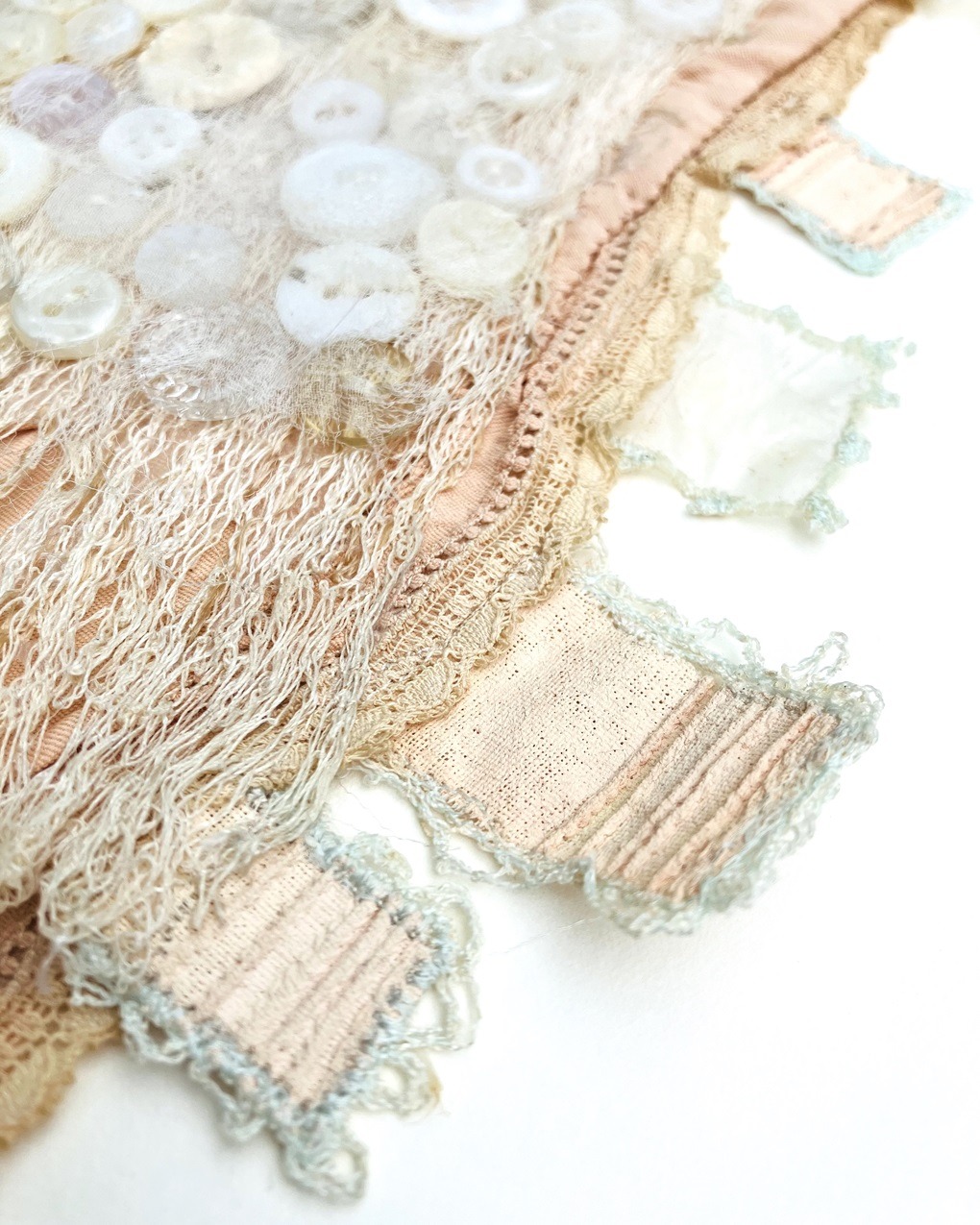 Priscilla Edwards, Waistcoat for Summer (detail), 1997. 60cm x 33cm (24" x 13"). Free machine embroidery, hand stitch, image maker transfer. Cotton thread, rayon thread, silk, calico, lace, wax, paint, buttons, silk ribbon.
