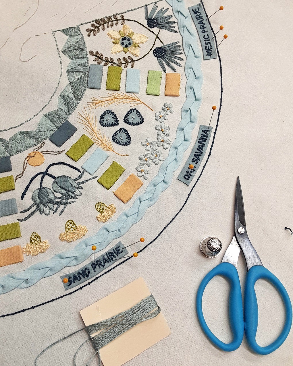 Lindsay Olson, Midewin stitching process, 2023. Embroidery, appliqué. Cotton thread, cotton fabrics. 
