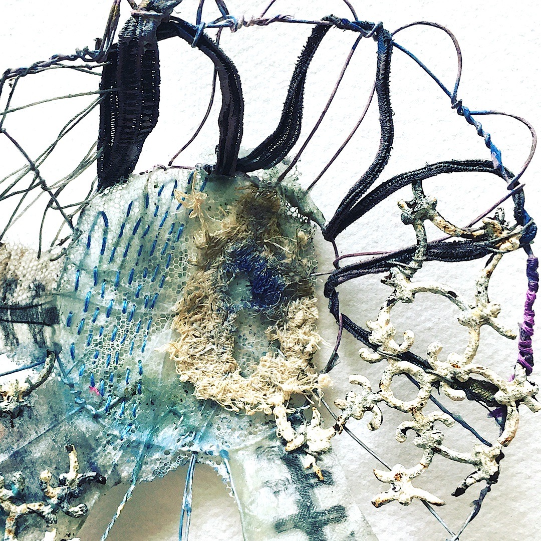 Priscilla Edwards, Love Spoon (detail), 2020. 50cm x 60cm (20" x 24"). Free machine embroidery, hand stitch, hand manipulated wire. Cotton thread, rayon thread, silk, lace, wax, paint, buttons, found materials, ribbon.