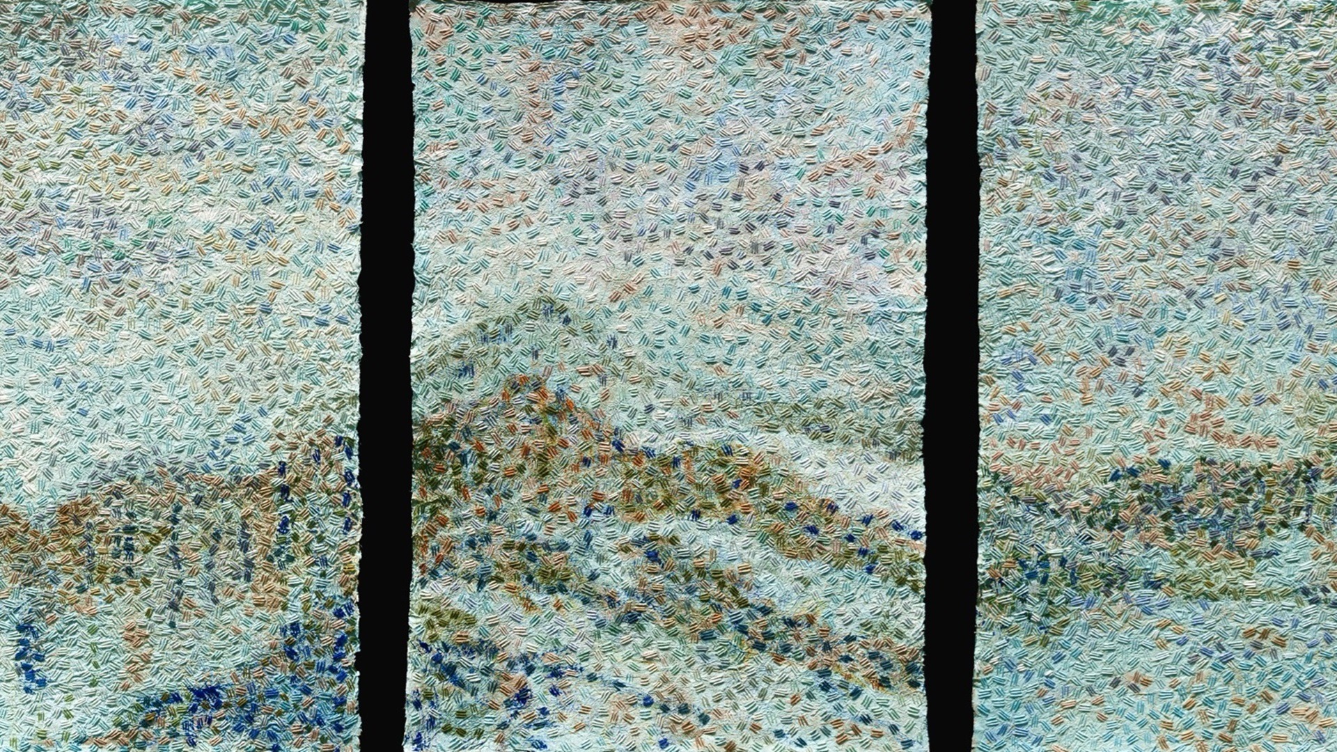 Mary Beth Schwartzenberger, Viewpoint, 2016. 2m x 90cm (78" x 36"). Painting and embroidery. Kyoseishi paper, acrylic paint, DMC stranded embroidery cotton. Photo: Zarek Dietz.