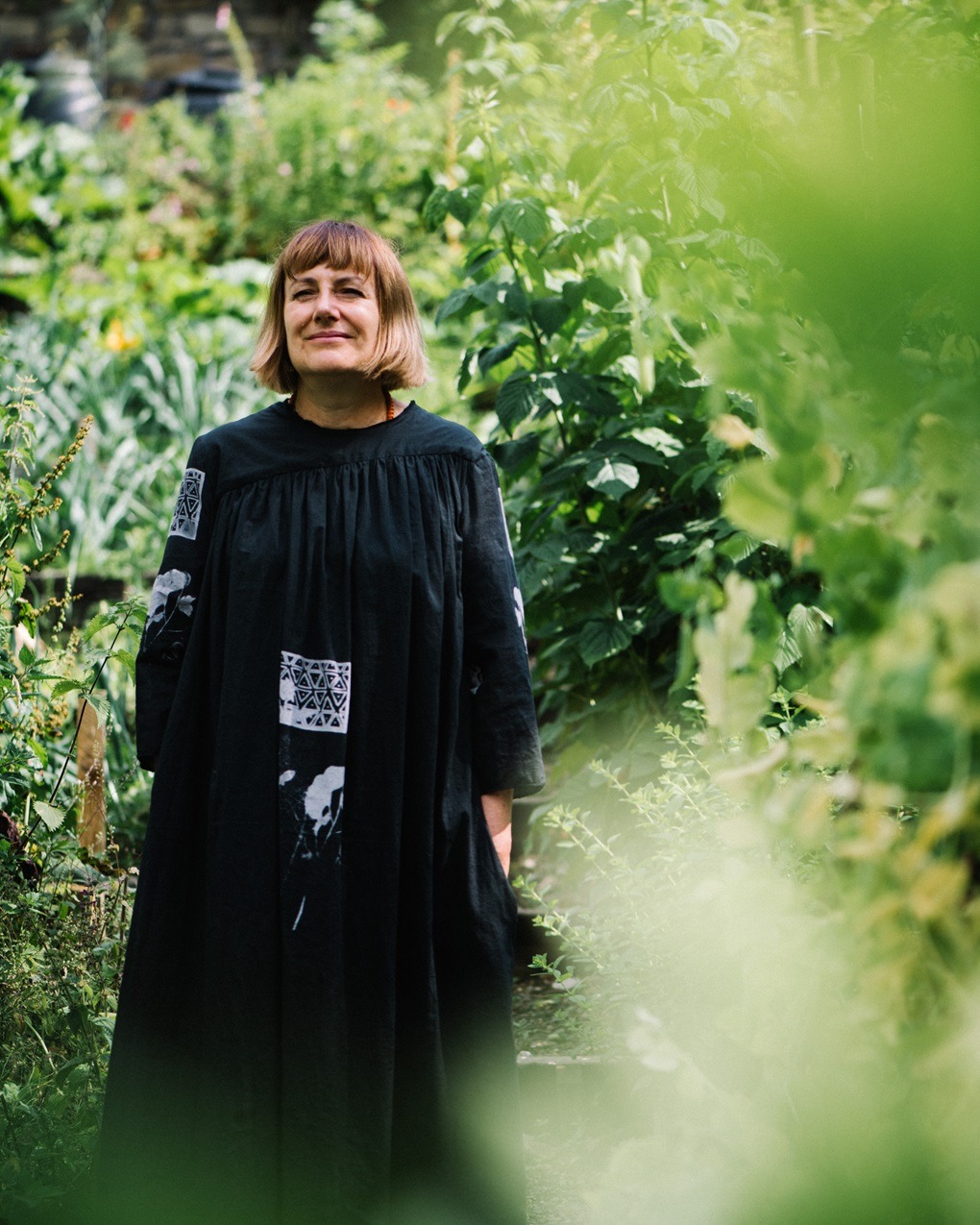 Kate Whitehead, Kate’s Dress – Honesty is the Best Policy Series (collaboration with Trouble at the Mill), 2019. Size UK 12, US 8.  Handmade dress, honesty plant print, discharge paste. Discharge paste on black fabric. Photo: Sarah Mason Photography.