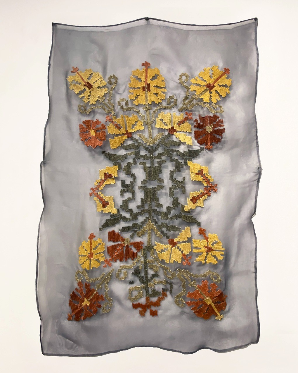 Pallavi Padukone, Hibiscus, 2022. 86cm x 132cm (34" x 52"). Embroidery. Silk organza, hibiscus scented cotton dyed with earth pigments, hibiscus and indigo.