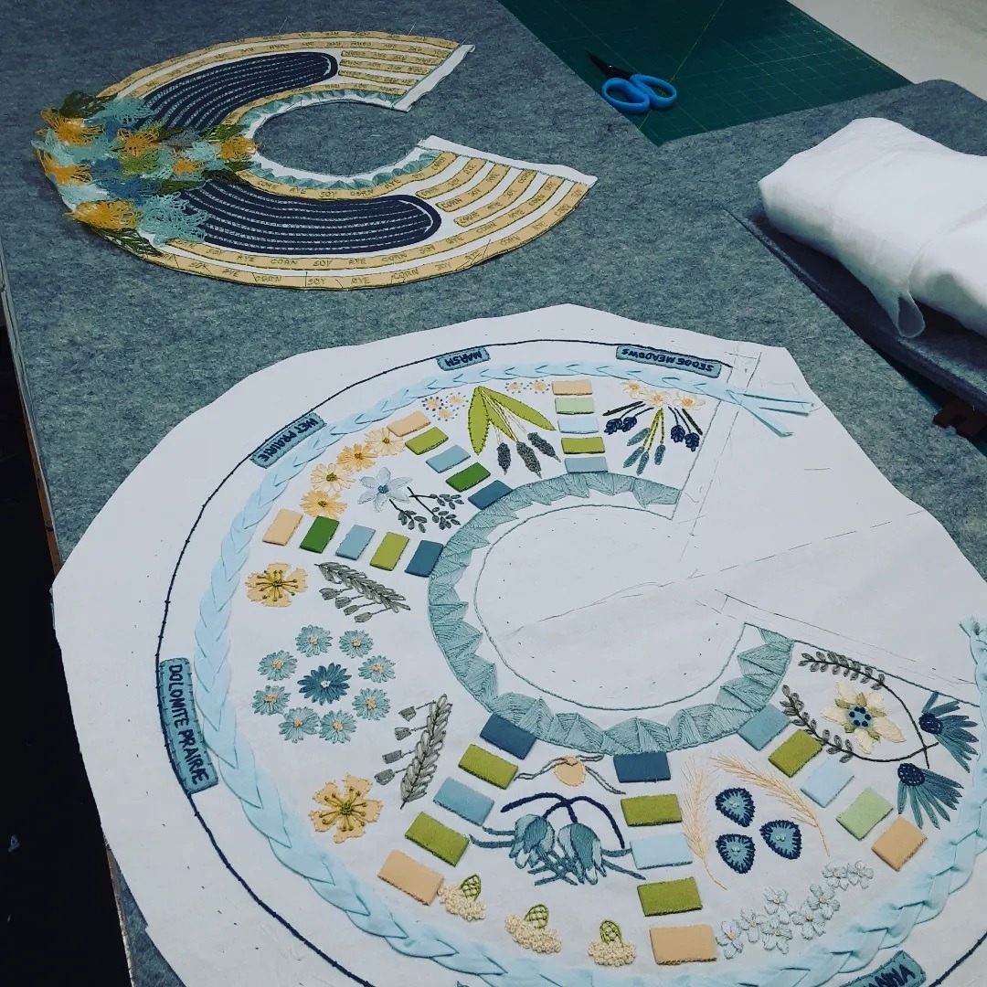 Lindsay Olson, Midewin finishing process, 2023. Embroidery, appliqué. Cotton thread, cotton fabrics. 