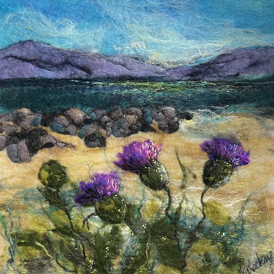 Moy Mackay, Kilmory Pines, 2023. 48cm x 44cm (19" x 17"). Felt, stitch. Merino fibres, thread.