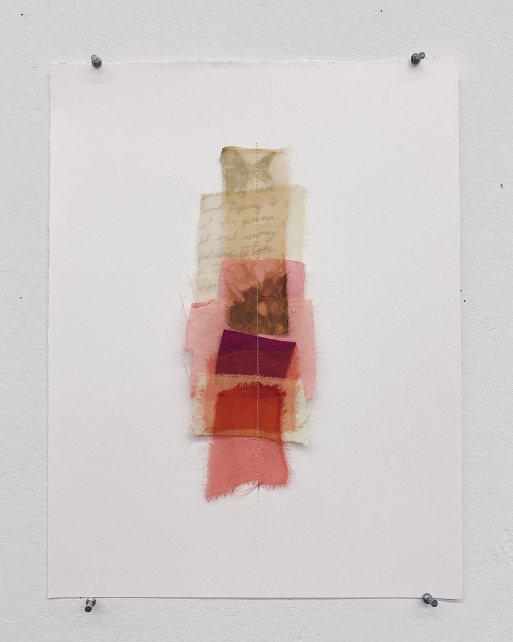 Amanda Britton, part of the Resettling series (detail), 2023. Collage. Vinyl, organza, marbled paper, cardstock, cotton thread.