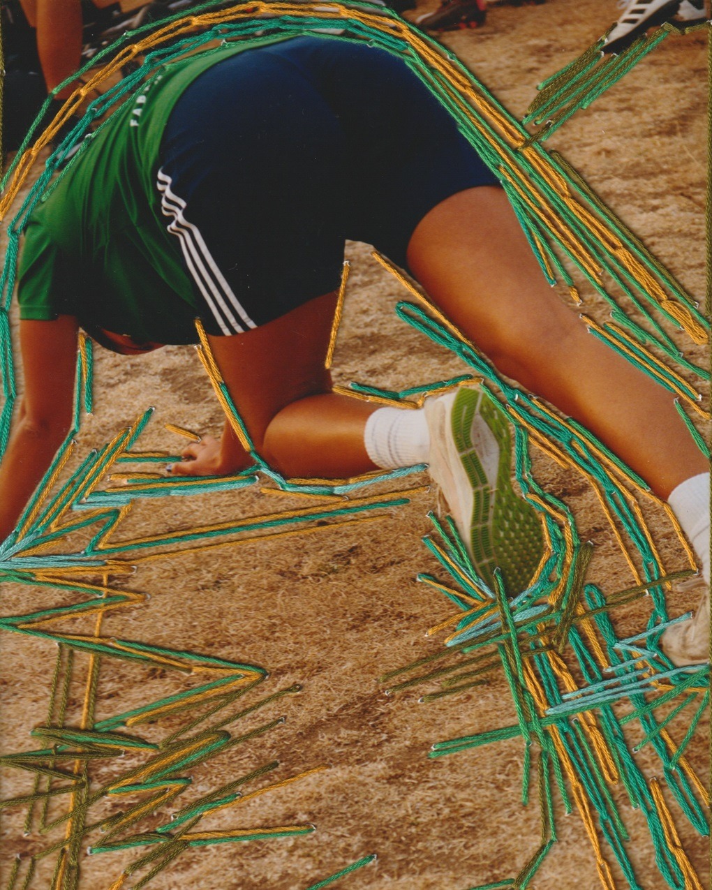 Nicole Chui, Warm Up, 2023. 29cm x 26cm (12" x 10"). Hand embroidery, film photography (Wendy Huynh). Six strand cotton embroidery thread, photo paper.