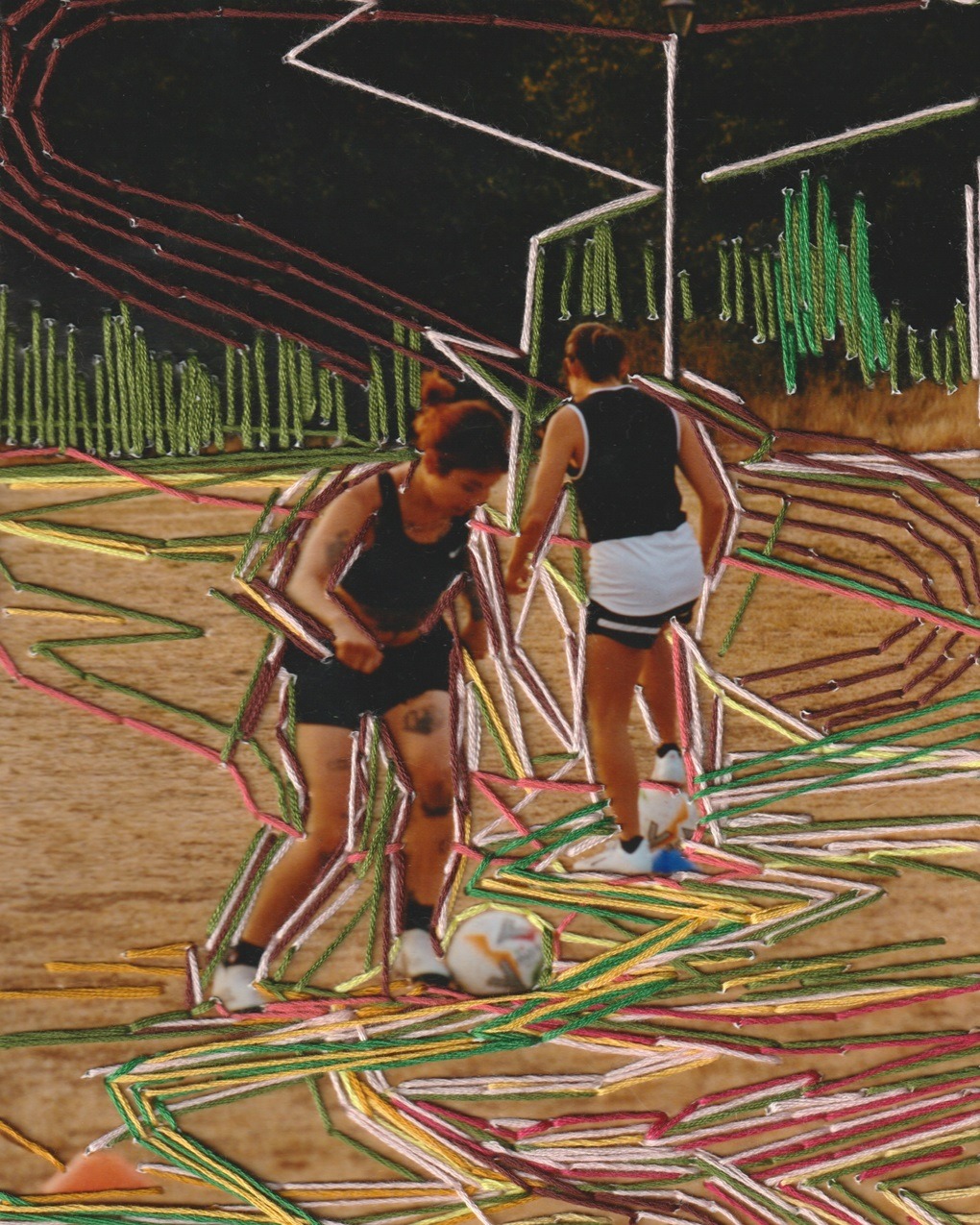 Nicole Chui, Isa & Clau, 2023. 29cm x 26cm (12" x 10"). Hand Embroidery, film photography (Wendy Huynh). Six strand cotton embroidery thread, photo paper.