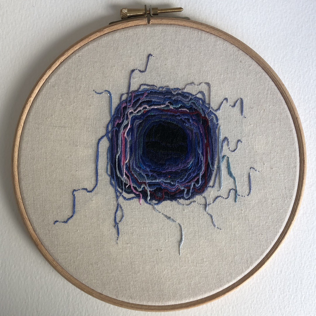 Elizabeth Griffiths, Blue Nest, 2020. 18cm x 18cm (7” x 7”). Embroidery. Fabric, embroidery thread.