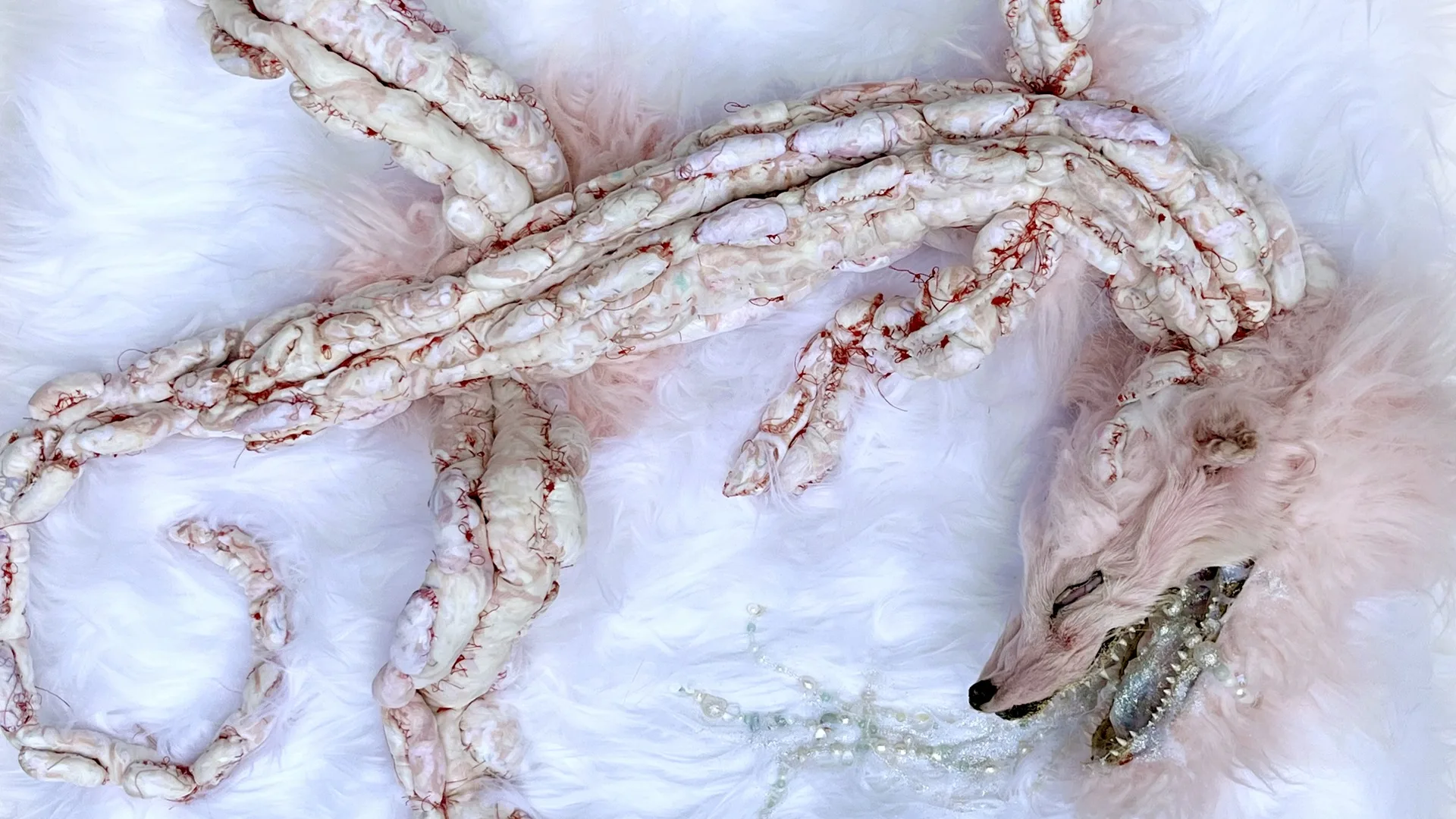 Kelly Boehmer, Drool, 2022. 46cm x 61cm (18" x 24"). Hand stitch. Taxidermy, acrylic, faux fur, real fur, beads, glitter, organza, yarn, canvas.