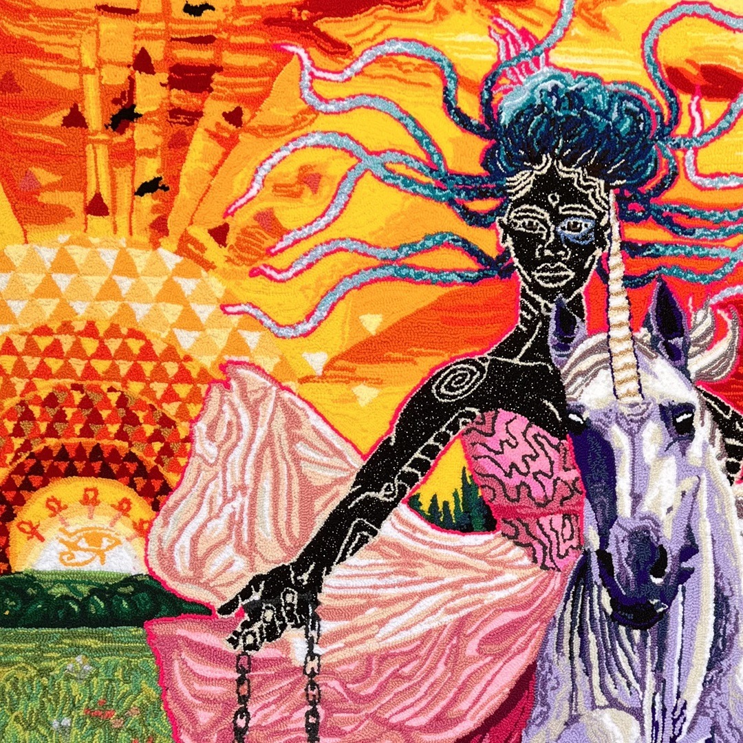 Simone Elizabeth Saunders, Break Away at Dawn (Unicorn series) (detail), 2022. 168cm x 142cm (66" x 56"). Hand tufting. Acrylic, cotton, metallic yarn on cotton rug warp. Collection of the Minneapolis Institute of Art.