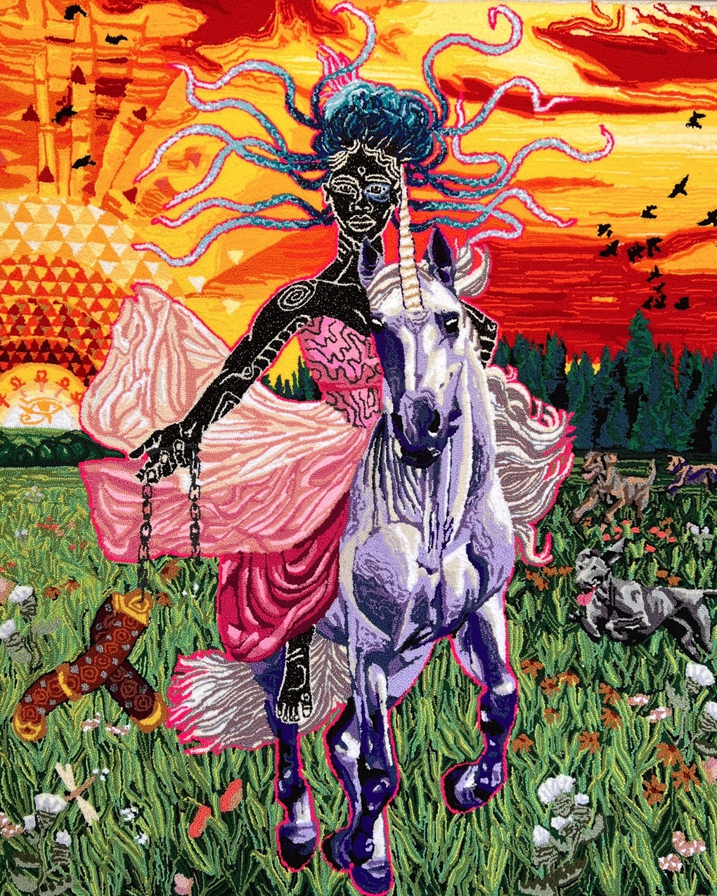 Simone Elizabeth Saunders, Break Away at Dawn (Unicorn series), 2022. 168cm x 142cm (66" x 56"). Hand tufting. Acrylic, cotton, metallic yarn on cotton rug warp. Collection of the Minneapolis Institute of Art.