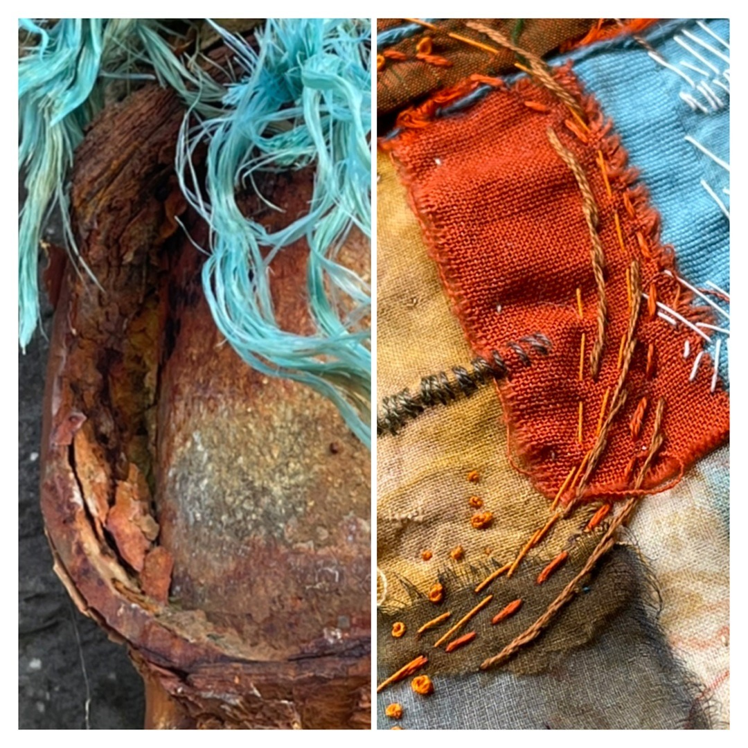 Rachael Singleton, Stitching in Ireland Memory Cloth (detail), 2021. Carrigahoit post reference photo (left) and stitched interpretation (right). 16cm x 45cm (6" x 18"). Hand stitch. Calico, natural fabrics.