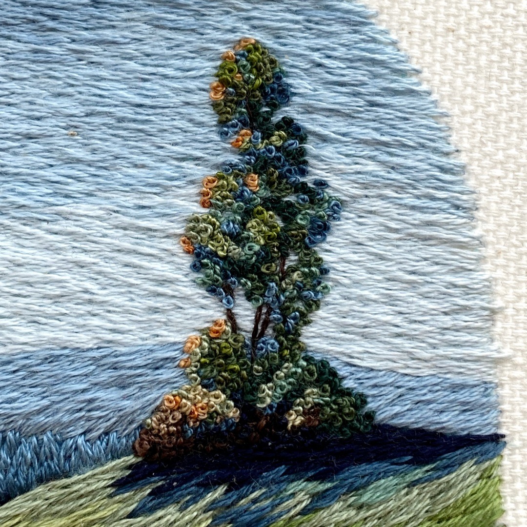 Cassandra Dias, First Workshop (detail), 2023. 9cm (3.5"). Thread painting. Cotton embroidery thread, canvas, bamboo hoop.