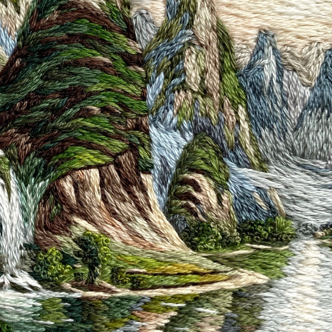 Cassandra Dias, Li River (detail), 2022. 9cm (3.5"). Thread painting. Cotton embroidery threads, canvas, bamboo hoop.