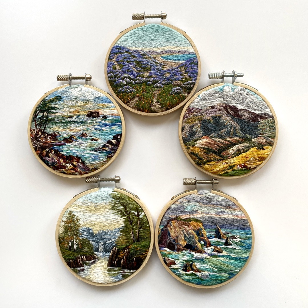 Cassandra Dias, Five Works by Cassandra Dias, 2022. 9cm (3.5"). Thread painting. Cotton embroidery thread, canvas, bamboo hoop.