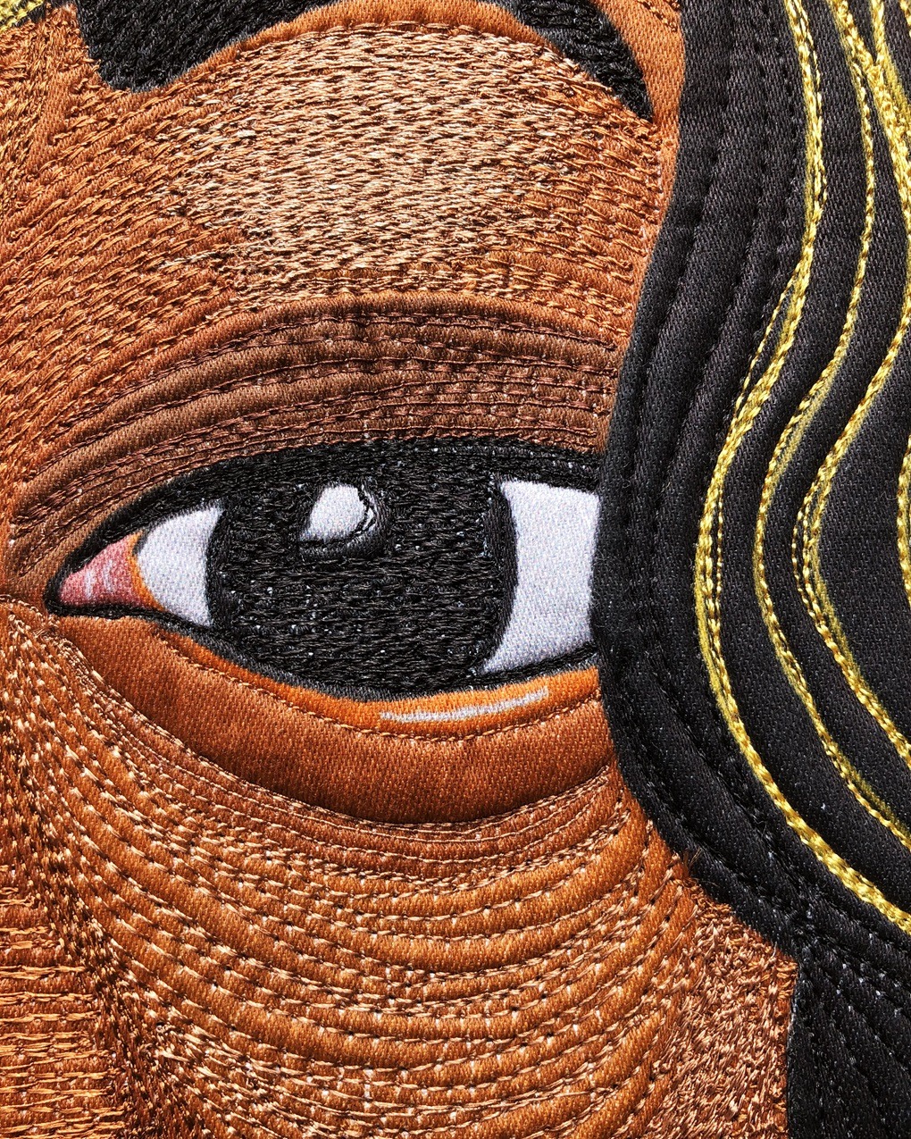 Clara Nartey, Charleena (detail), 2020. 102cm x 76cm (40" x 30"). Digital painting, textile design, free machine embroidery, quilting. Thread, ink, cotton.