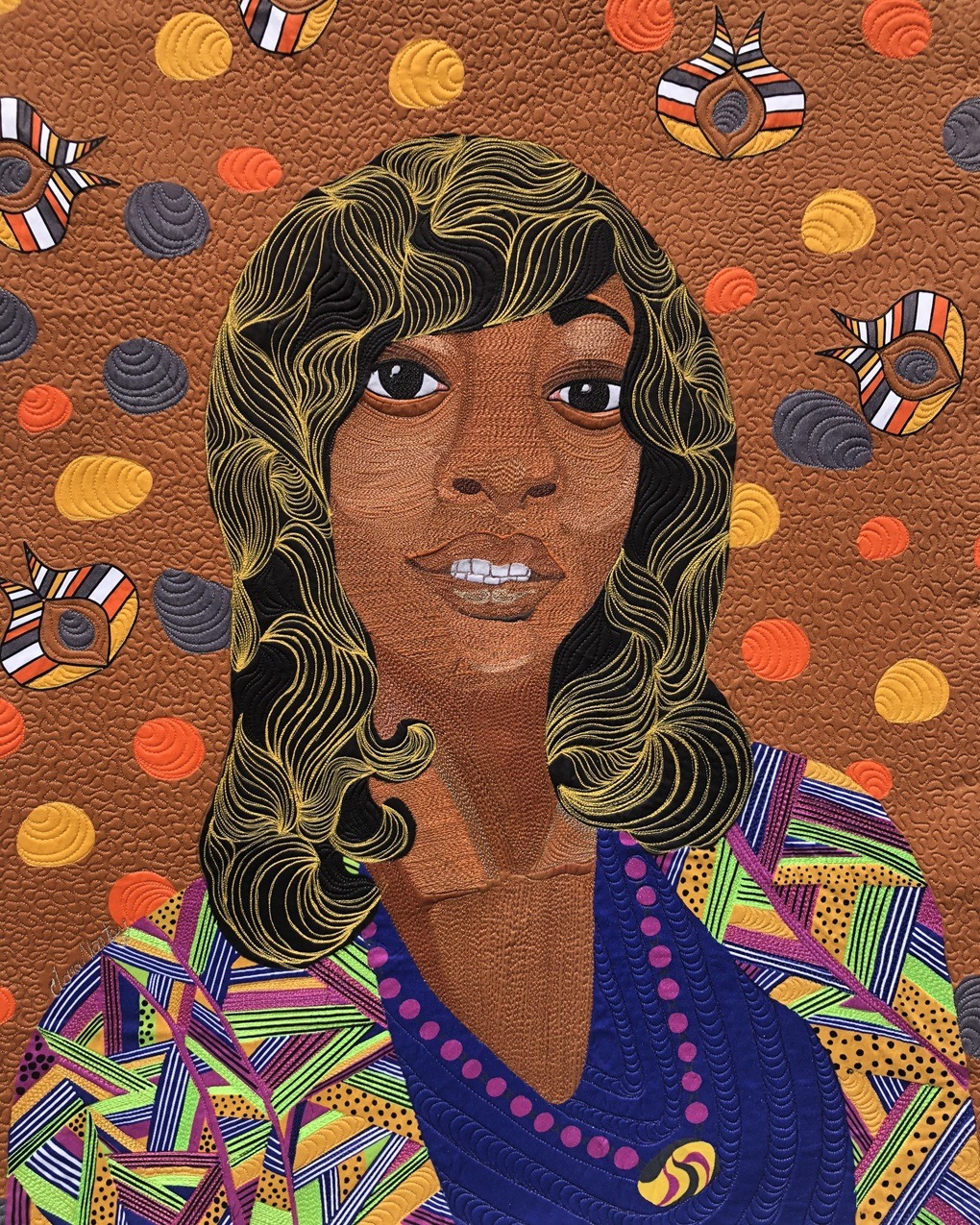 Clara Nartey, Charleena, 2020. 102cm x 76cm (40" x 30"). Digital painting, textile design, free machine embroidery, quilting. Thread, ink, cotton.