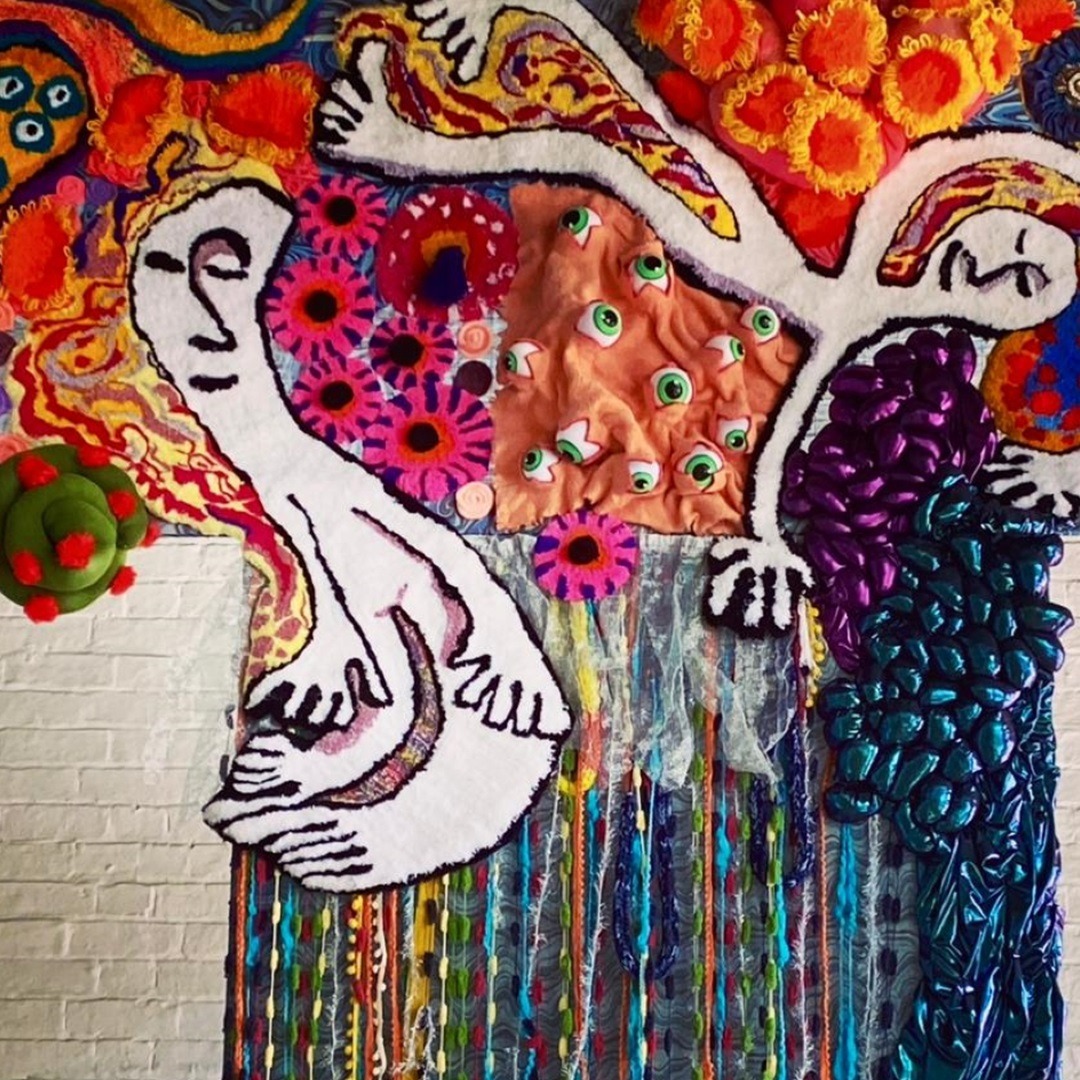 Alison Carpenter-Hughes, Close My Eyes and Drift Away, 2022. 2.4m x 1.8m (8ft x 6ft). Tufting, French knitting, sewing, soft sculpture, punch needle. Mixed media including yarn and repurposed materials.