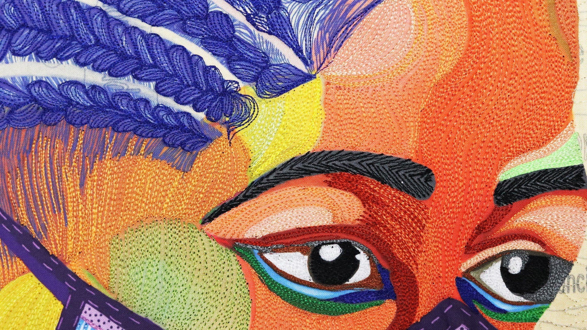 Clara Nartey, Essential Worker (detail), 2020. 102cm x 76cm (40" x 30"). Digital painting, free machine embroidery, quilting. Thread, ink, cotton.