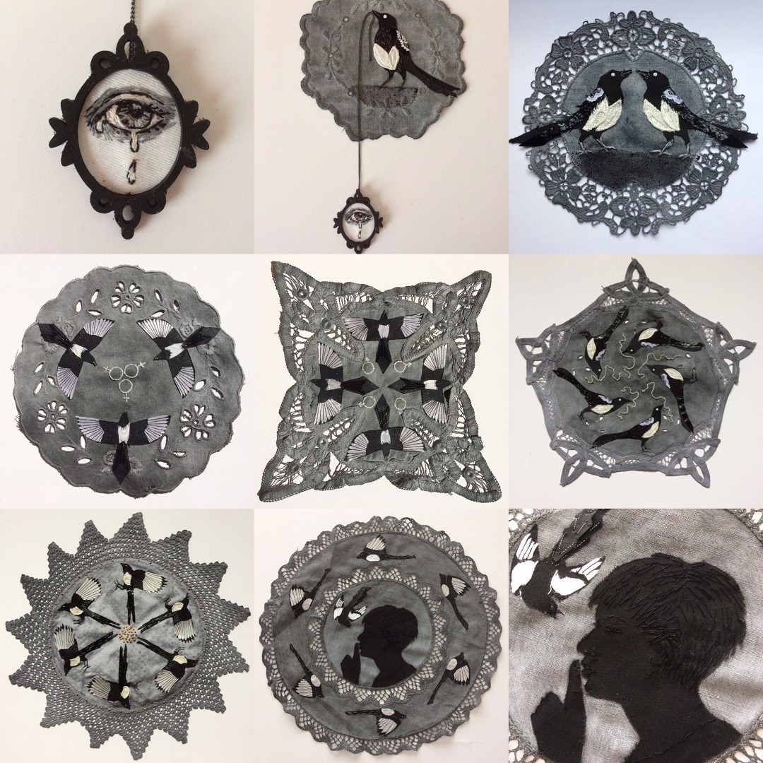 Lesley Wood, Magpie Rhyme Series, 2019. All seven mounted on A3 boards 30cm × 42cm (11½" × 16½"). Hand embroidered appliquéd collages. Hand dyed vintage table linen, embroidery thread, scraps of assorted fabrics, beads, chains and a mini frame.