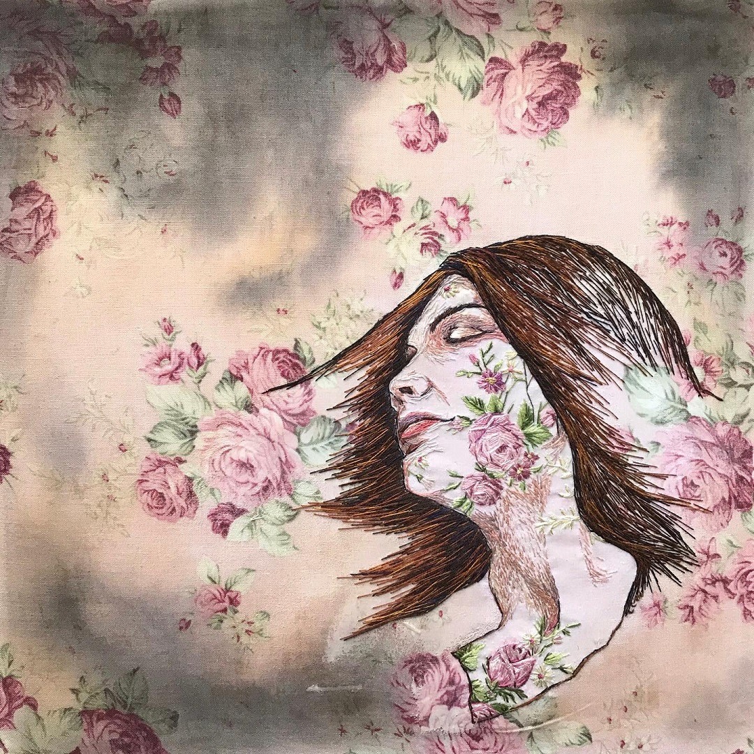 Lesley Wood, Hinny Rose, 2021. 35cm x 35cm (13½" x 13½"). Hand embroidery. Tea and rust stained floral fabric, embroidery threads.